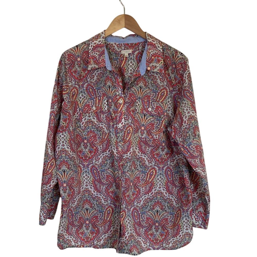 Talbots Womens Long Sleeve Button Up Paisley Cotton Shirt Size 2X Red‎ Blue